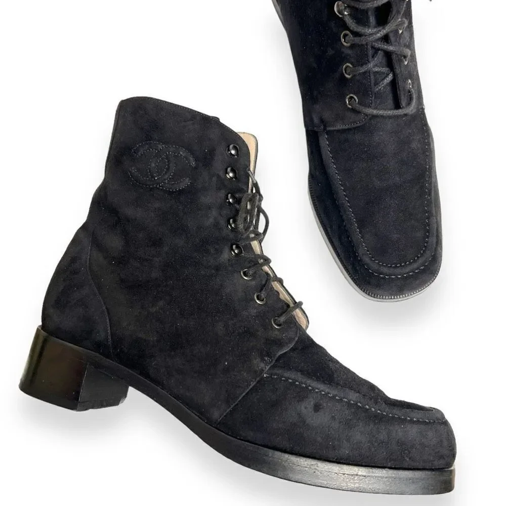 Chanel Classic CC Logo Lace Up Combat Black Suede Leather Boots Size 37